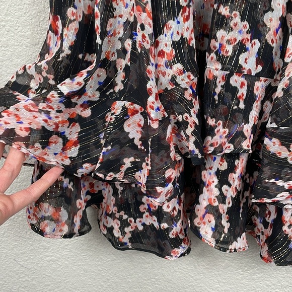 New ALC Vera Floral Silk Metallic Tiered Mini Skirt Smocked Waist Sz 4 - Picture 3 of 10